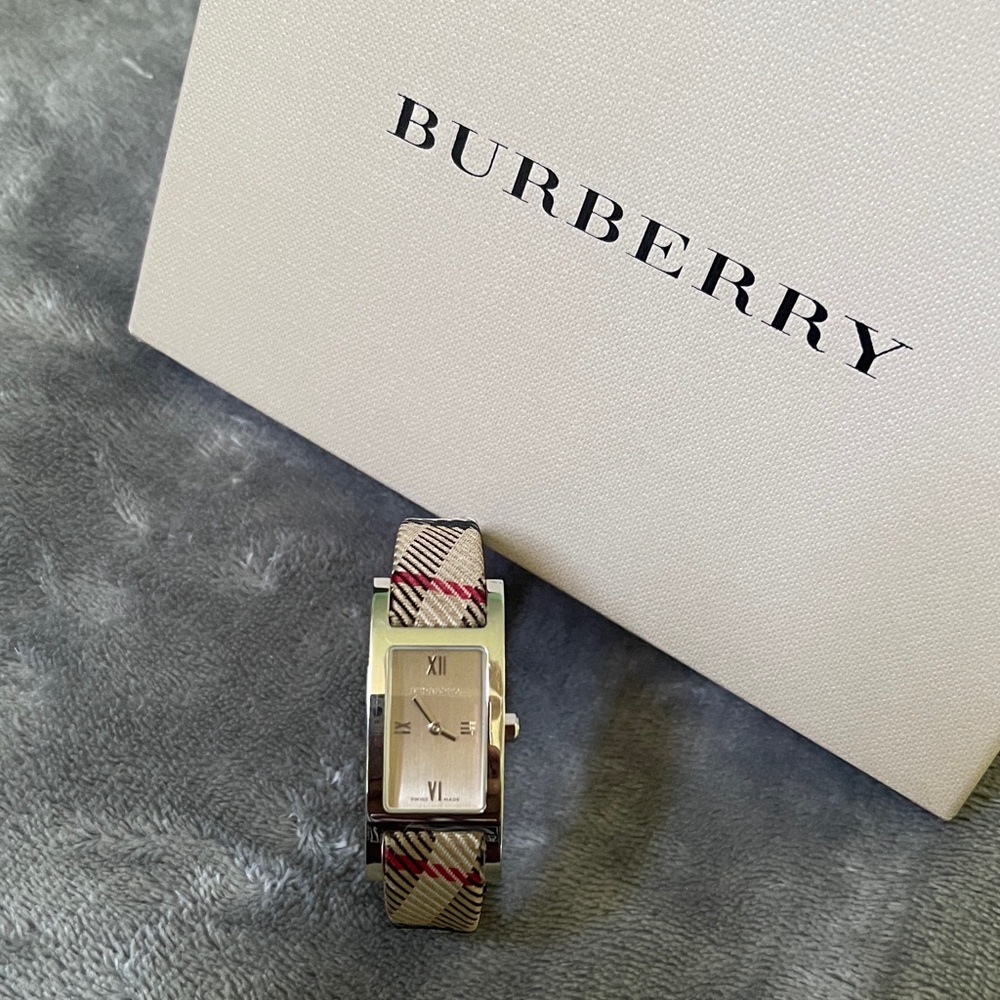 Burberry watch women Silver-Tone Rectangular Watch with Beige Plaid Strap